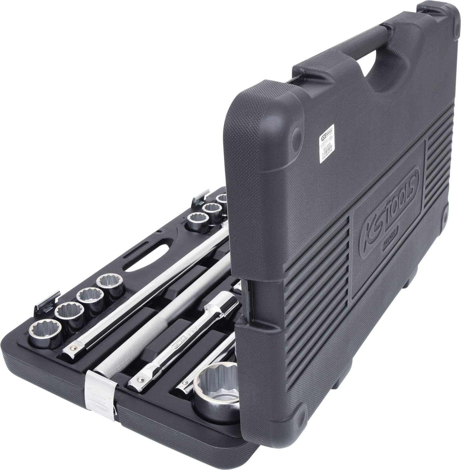 An open black tool case with various sockets and extensions suitable for mechanical work.