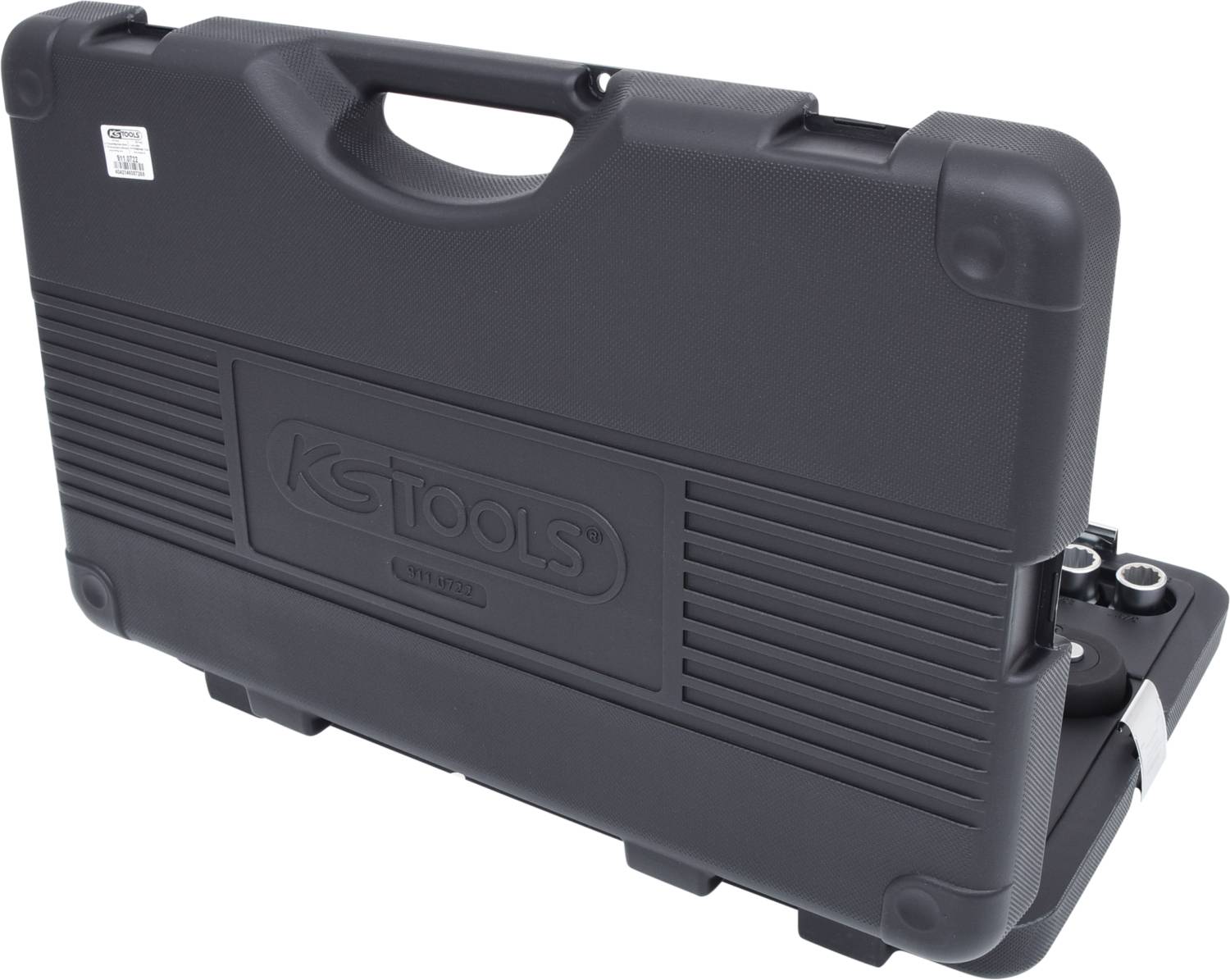 Plastic tool case by KS Tools with a structured handle and grooved pattern; tools partially visible.