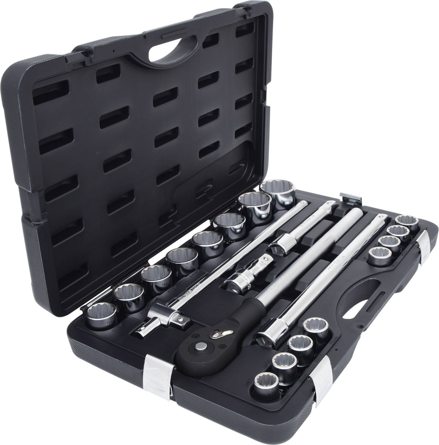 Open tool kit with ratchet, extensions and various socket wrenches, on a white background.