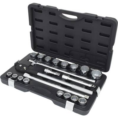 A black toolbox with a socket wrench set, including a ratchet, extensions, and various socket sizes.