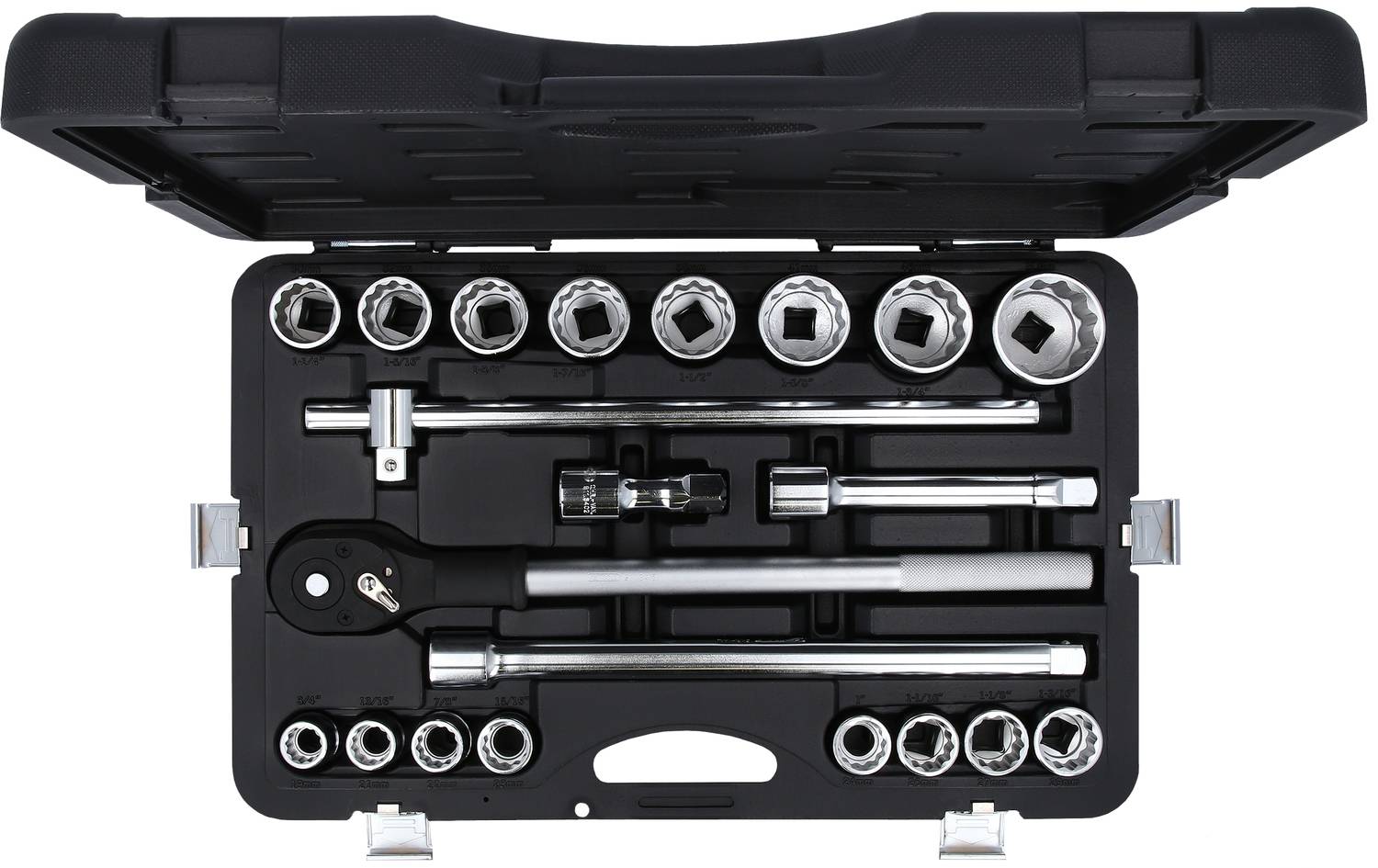 An open tool case with various socket wrenches and extension bars, neatly arranged in foam inserts.