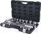 A opened tool case with socket wrenches and a ratchet, ready for use. The case is black and made of plastic.