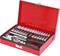 Red toolbox with various spanners, ratchet spanner and attachments. Ideal for DIY and repairs.