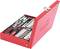 'Red metal toolbox with various tools, including a ratchet, socket wrench and bits, neatly arranged in compartments.'