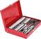 An open red toolbox with various sized socket wrenches and bits.