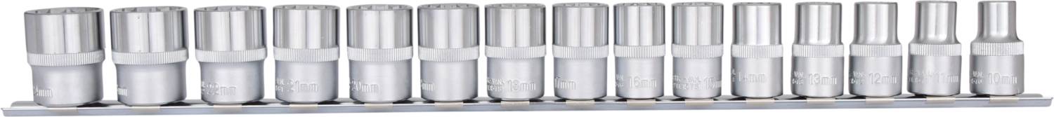 Fourteen silver thumbtacks arranged in a row on a mount.