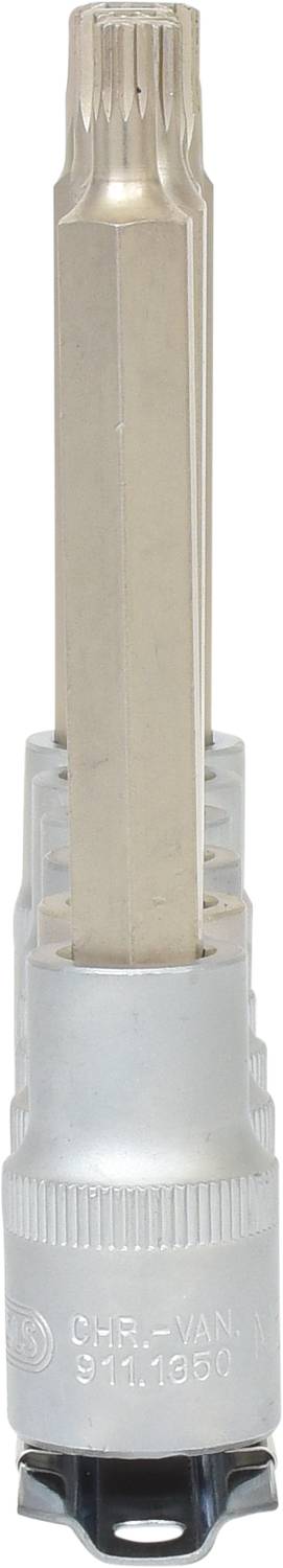 Hexagonal bit socket with a long, cylindrical shaft and metal housing.