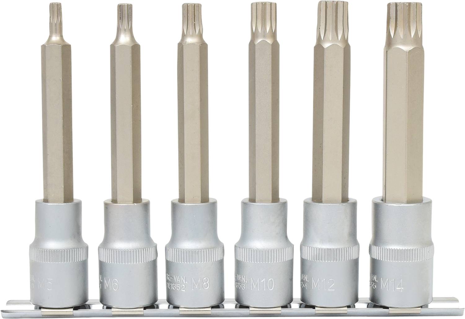 'Six-piece hex key set, comprising various sizes of hexagonal bits, mounted on a metal holder.'