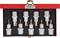 A red case containing eight silver screwdriver bits in various sizes, arranged in two rows.