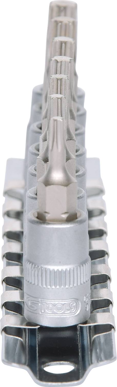 Metallic Torx bit set arranged in a row, with different sizes, mounted in a holder for organised storage.