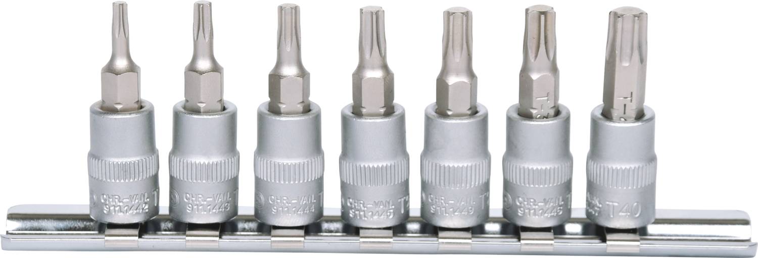 Set of seven bits with different shapes and sizes on a holder.<br><br>(Note: In British English, this translation remains largely the same as American English, with the spelling of words like "colours" or "holder" already being consistent.)