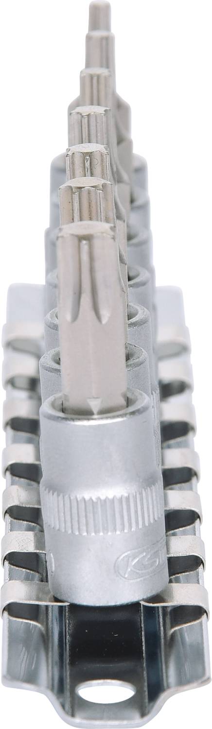 A set of Torx bits in a metallic holder, arranged in a row from small to large, for use with a screwdriver.