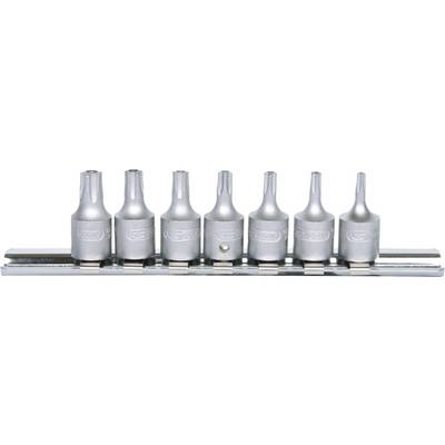 A set of seven silver socket keys in varying sizes, arranged on a holder.