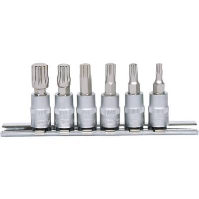 A set of six silver bit attachments in various shapes, arranged in a holder.