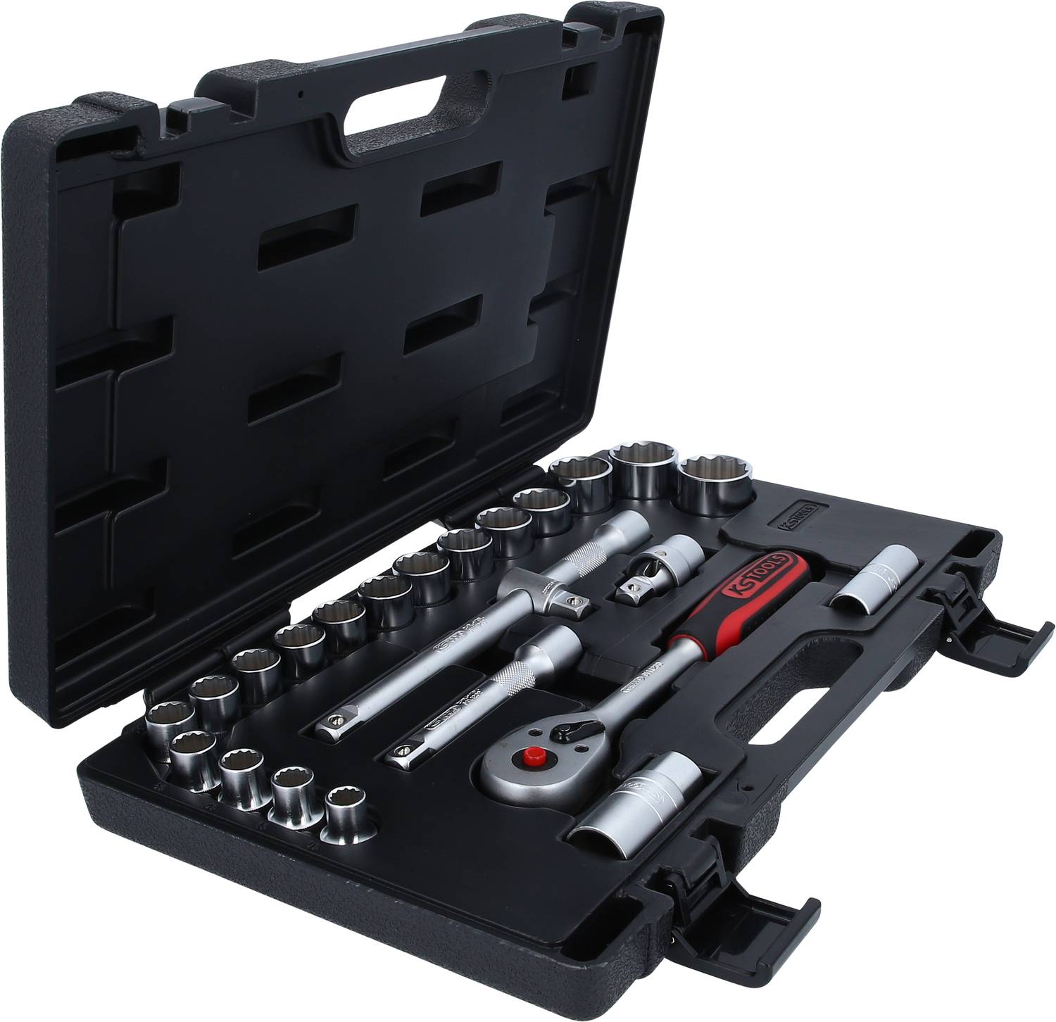 Tool kit with socket wrench set, comprising various bits, ratchet and extensions. Ideal for repair work.