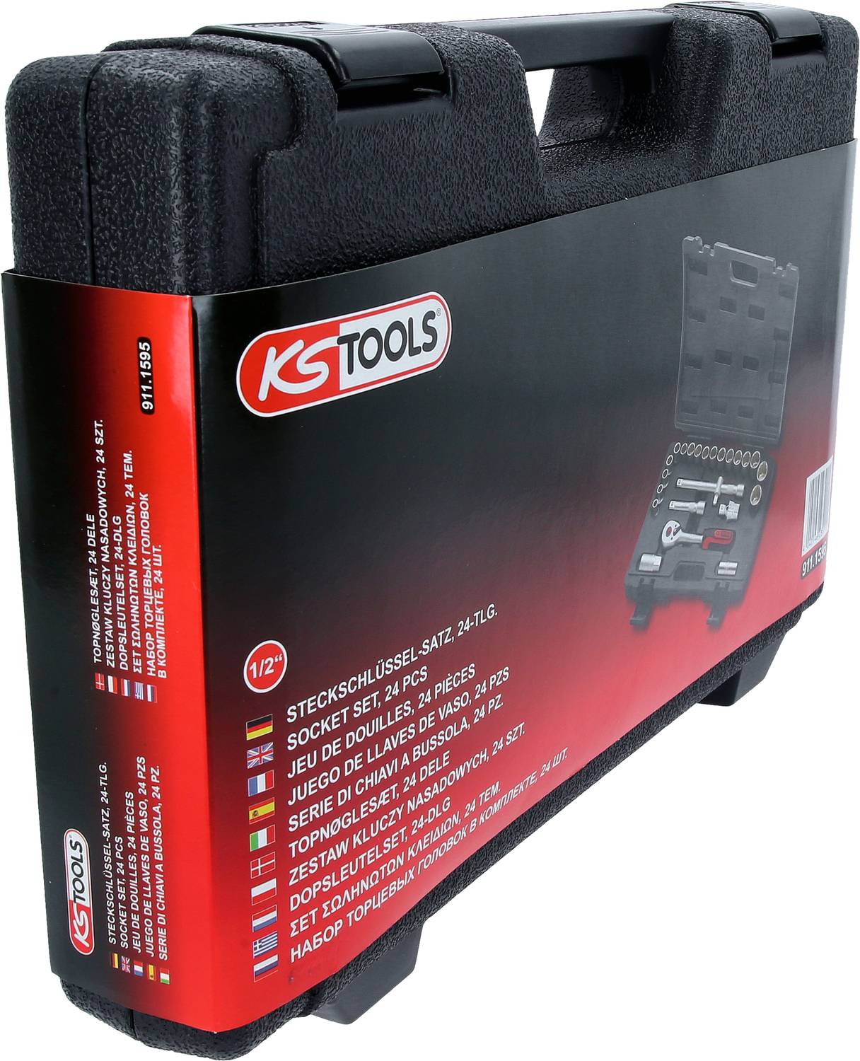 Tool case by KS Tools with socket wrench set, 24-piece, in black and red design.