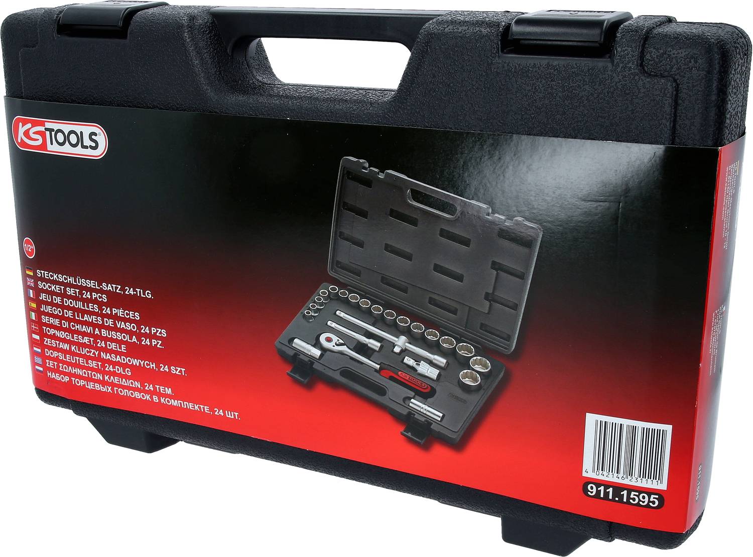Black plastic tool case by KS Tools showing its open contents: Socket wrench set with ratchet and multiple attachments.