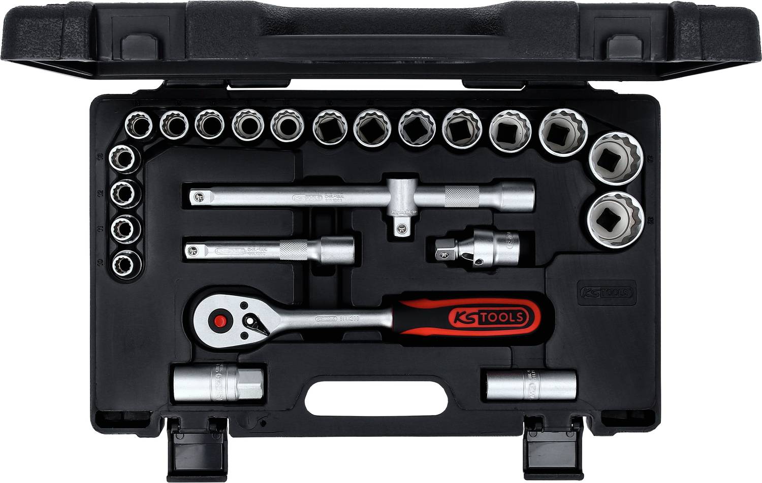An opened toolbox with a ratchet spanner set, various sockets and extensions, neatly arranged.