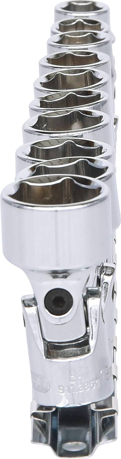 A series of chrome-plated socket inserts, arranged in descending size, forming a complete set.