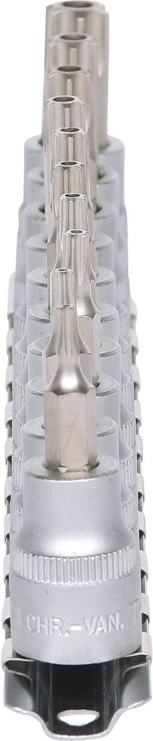 Metal bit organiser with various screwdriver bits arranged vertically.