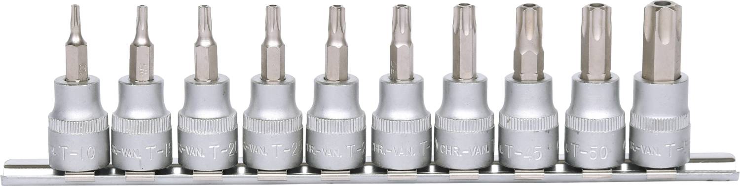 A set of ten silver screwdriver bits in different sizes and shapes, arranged on a metal holder.