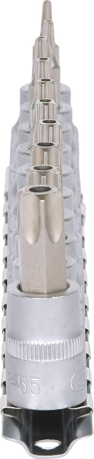 A set of star-shaped screwdriver bits arranged in different sizes, with a silver handle at the bottom.