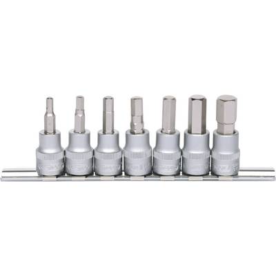 A set of seven silver screwdriver bits in various shapes and sizes, arranged in a metal holder.