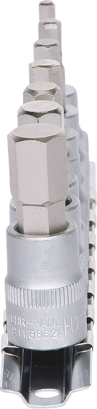 Set of five silver hexagonal bit sockets in a row, suitable for mechanical work and repairs.