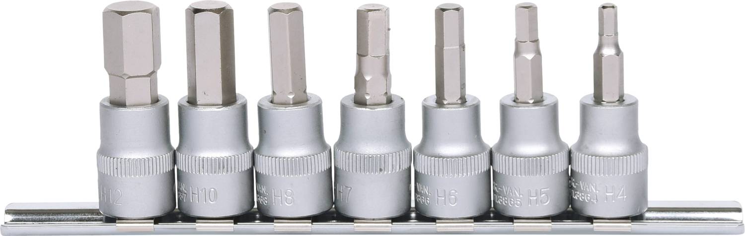 Set of seven silver screwdriver bits in various shapes and sizes, neatly arranged on a holder strip.