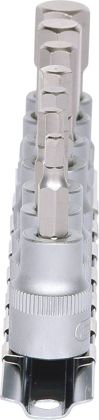 A silver set of socket wrenches with different hexagonal sizes, stacked in a holder.