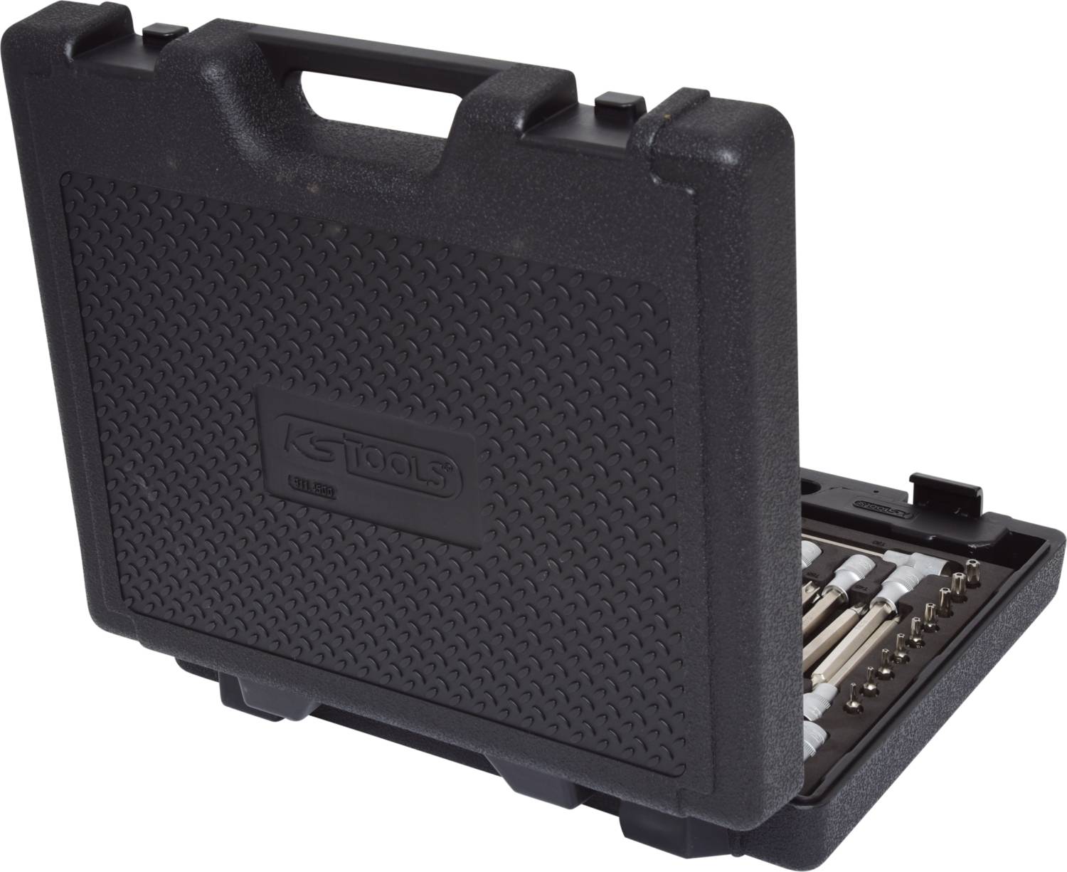 Black tool case, partially open, displaying various screwdriver attachments and bits. Ideal for storing and transporting hand tools.