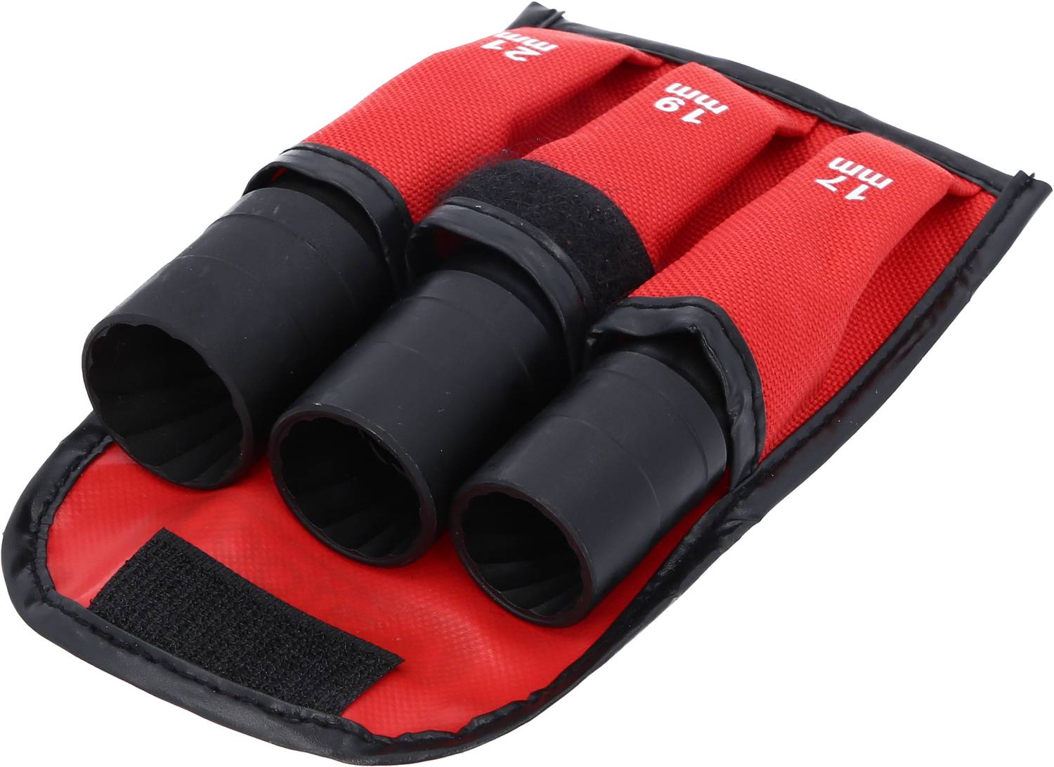 Three red bags with black plastic tubes in various sizes: 17 mm, 19 mm and 21 mm.