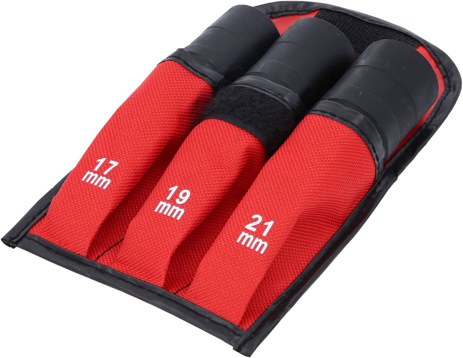 Red tool bag with three compartments for socket wrenches, labelled '17 mm', '19 mm' and '21 mm', partially open.