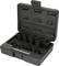 A black tool case with eight sockets and a socket wrench, opened and standing upright.