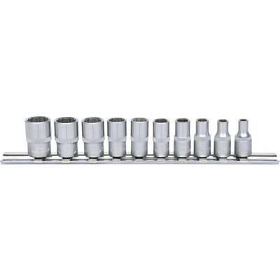 'Set of ten silver socket key inserts in various sizes, arranged on a holder.'