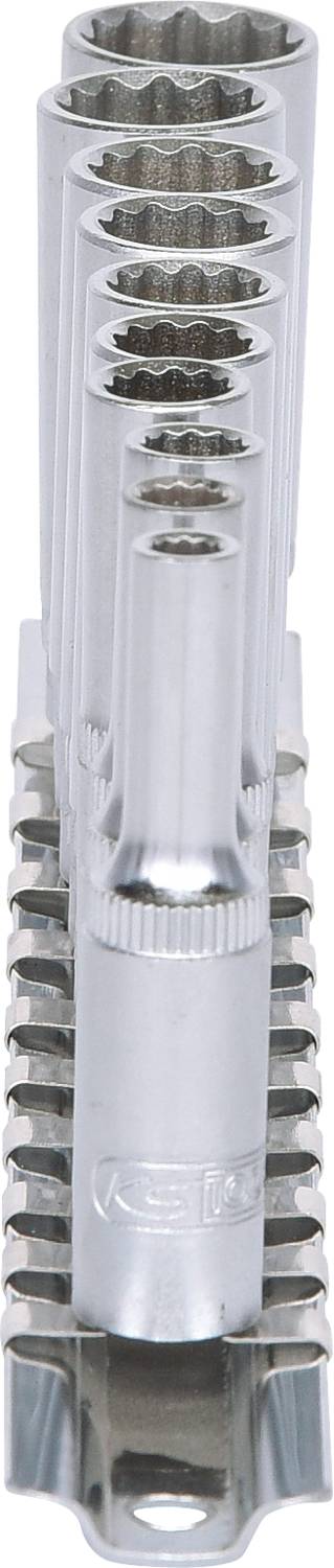 A range of silver tool pegs of varying sizes, vertically stacked on a mounting bracket.