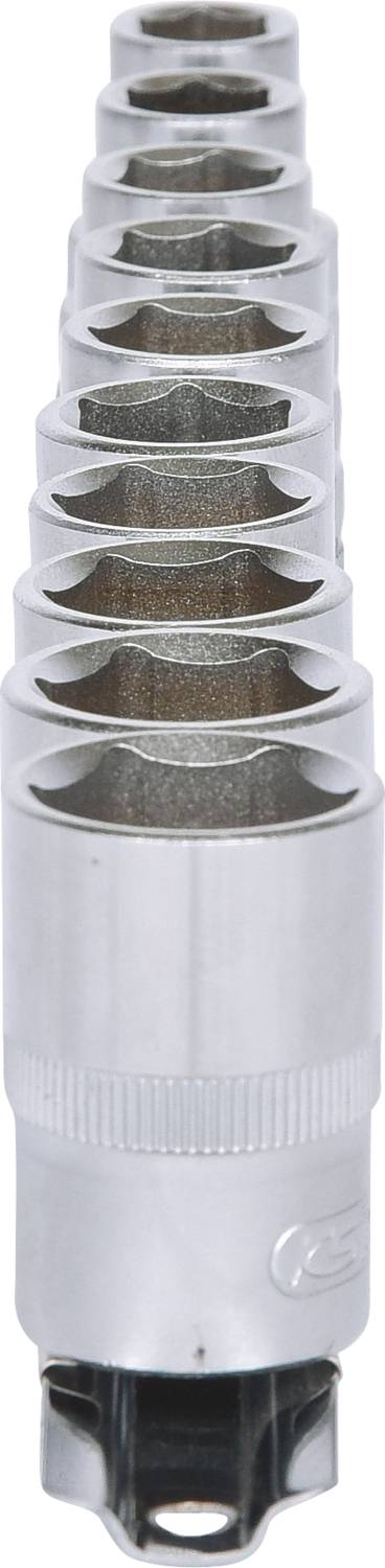 'A set of socket wrenches in various sizes, stacked in descending order, standing upright.'