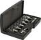 An opened black toolbox with ten gleaming socket wrench attachments in various sizes, neatly arranged.