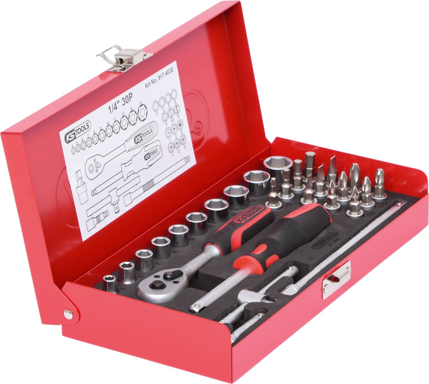 A red toolbox with an open lid reveals a set of ratchet, bits, and sockets. Ideal for precise work.