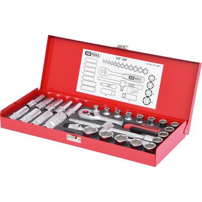A red tool case with various socket spanners and accessories. Contains size specifications and a diagram inside the lid.