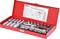 A red tool case with various socket spanners and accessories. Contains size specifications and a diagram inside the lid.