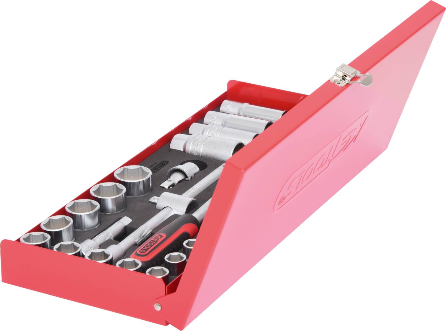 An opened red tool set with multiple socket wrenches and extensions, neatly laid out in foam padding.