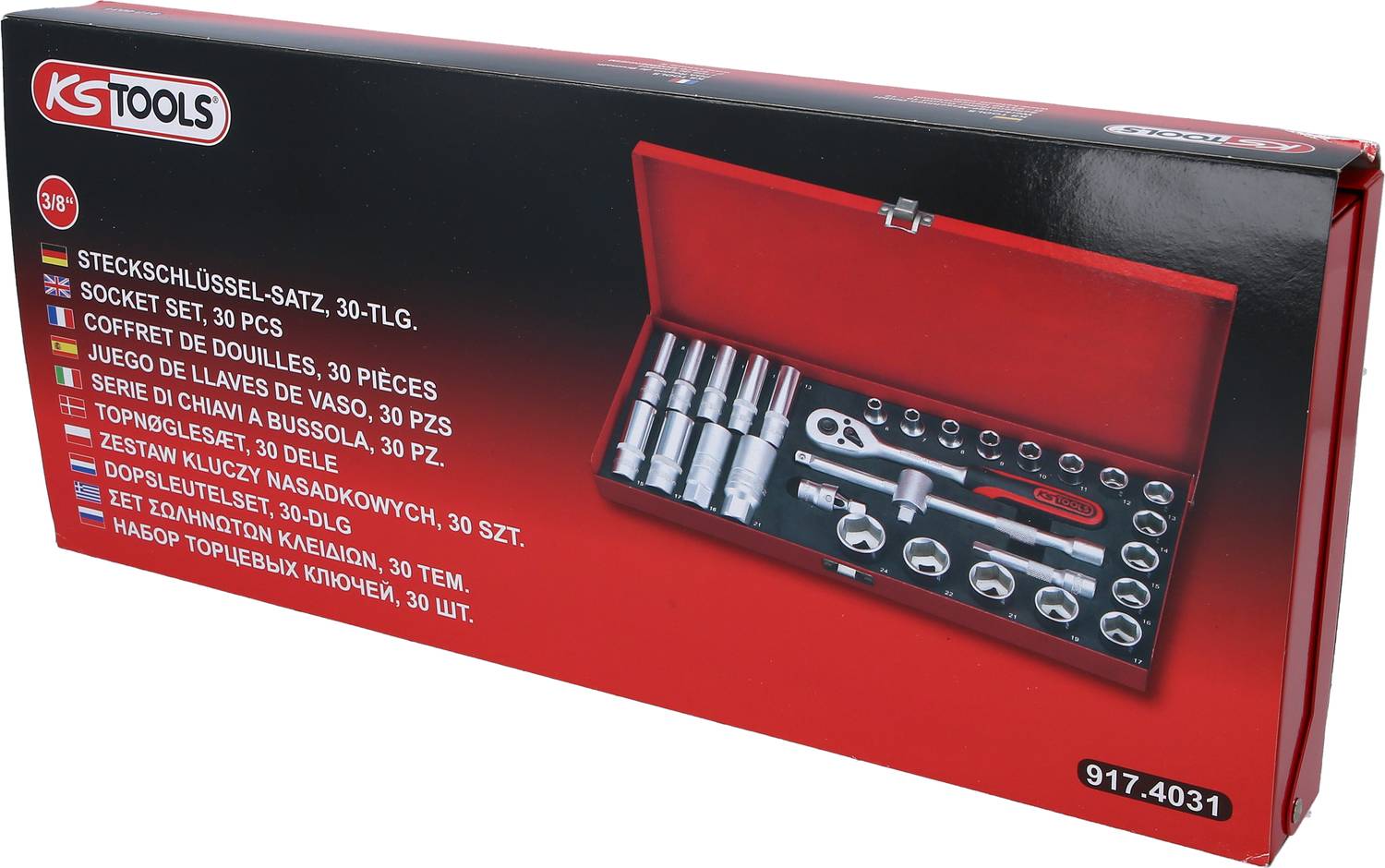 Red tool case with 30-piece socket spanner set, including sockets and ratchet, as shown on the packaging.