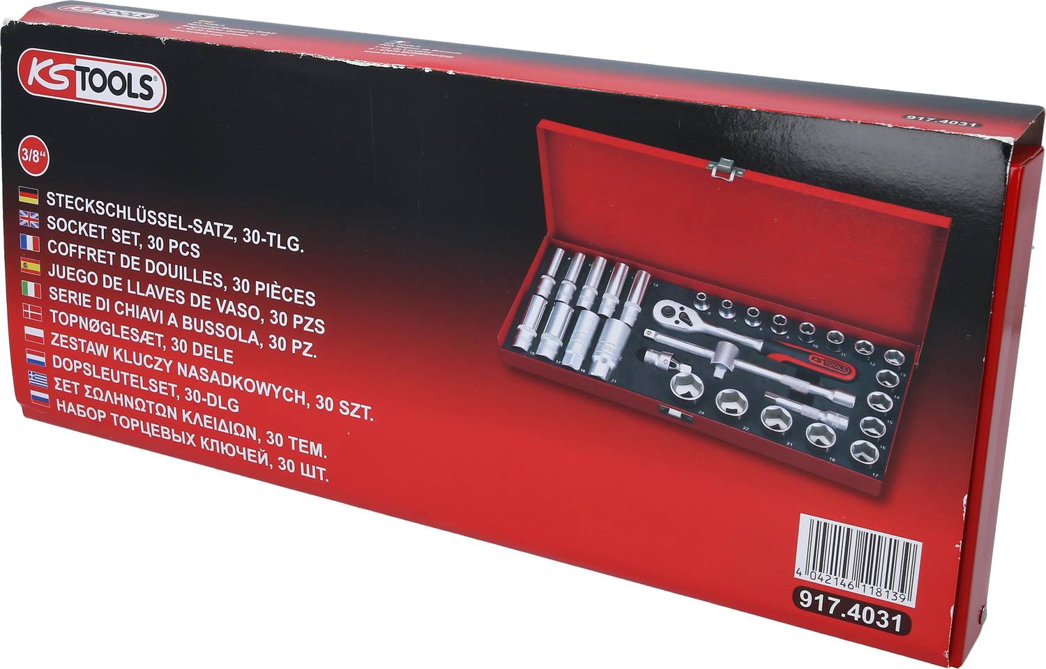 'Socket Wrench Set, 30-piece, in red case. Brand name top left. Article number bottom right: 917.4031.'