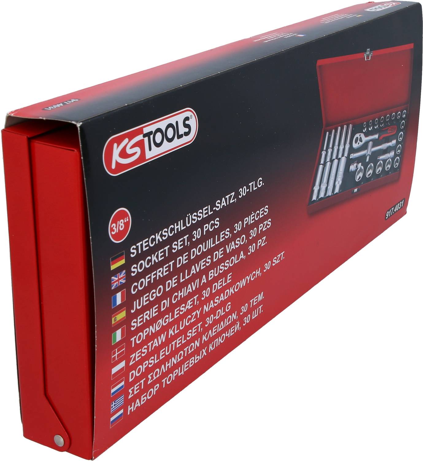 Red toolbox with the inscription 'Socket Spanner Set, 30-piece' and illustrations of tools on the packaging.