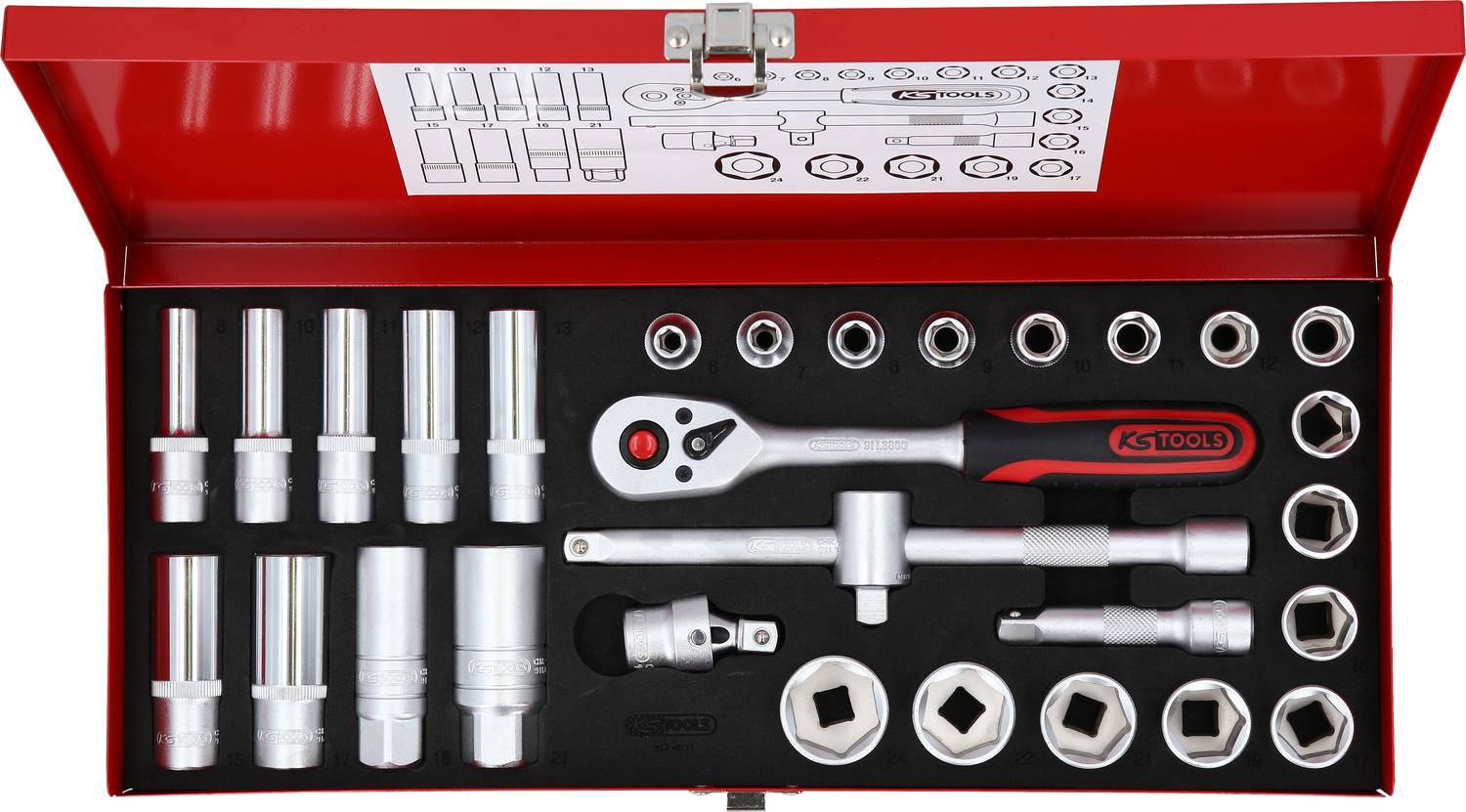 A red toolbox with various spanners and nuts, organised in compartments. A crank is included.