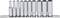 Socket wrench set with ten chrome-plated attachments in various sizes, arranged side by side on a metal rail.