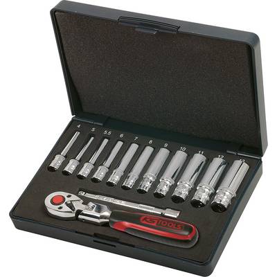 An open toolbox with various attachments and a ratchet, labelled 'KS TOOLS'.