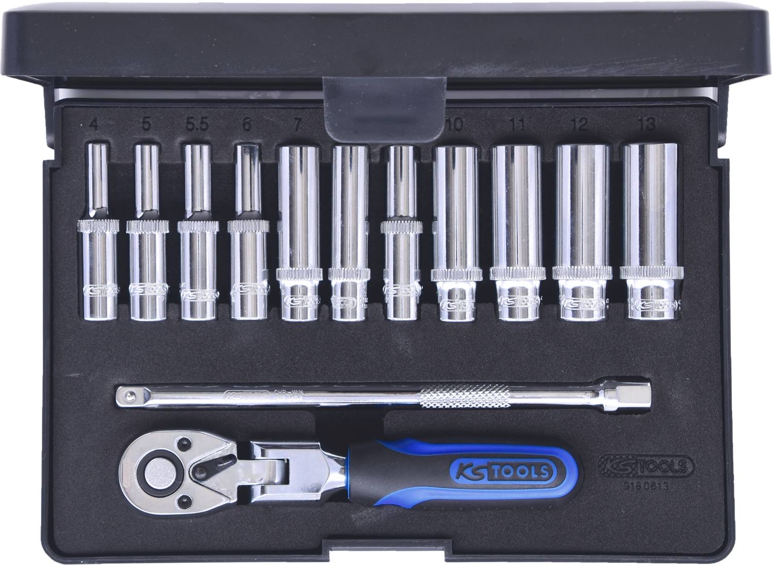 Socket set with various sizes of nuts ranging from 4 to 13, including ratchet and extension, arranged in a case.