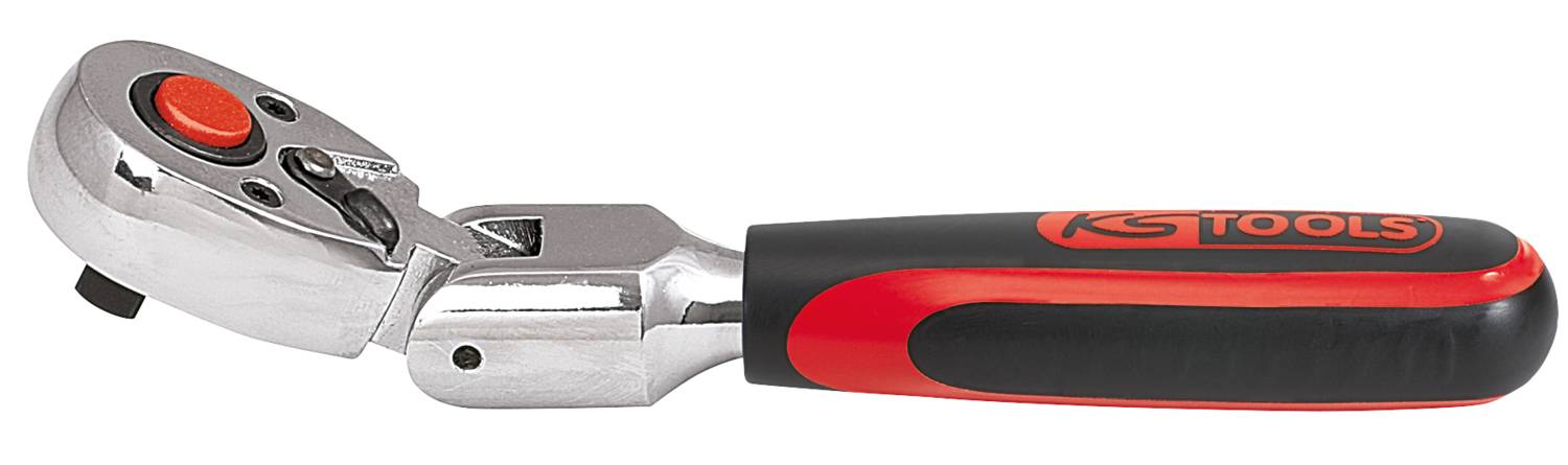 A chrome-plated ratchet spanner with an ergonomic, red and black handle. Suitable for workshop and DIY applications.
